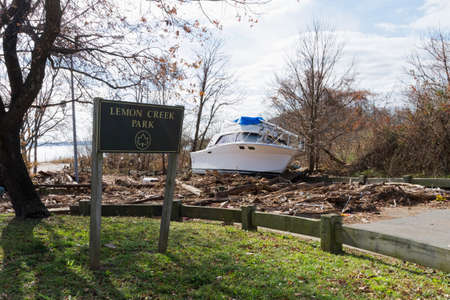 STATEN ISLAND, USA - NOVEMBER 4: The images of devastation caused by the Hurricane Sandy  and rescue services response November 4, 2012 on the streets of Staten Island, USA.のeditorial素材