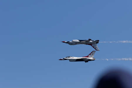 NEW YORK CITY, USA -MAY 23: U.S. Air Force Thunderbirds Team performing aerial stunts during New York Air Show on May 23,2015.のeditorial素材