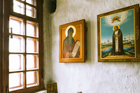 Pskov, Russia- June 6, 2016: Ancient Russian Orthodox Icons displayed in a monastery.
