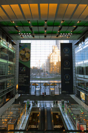 New York City, USA-April 2, 2017: Columbus Circle, as viewed from Time Warner Center's 150-foot-tall (46 m) glass curtain wall.のeditorial素材