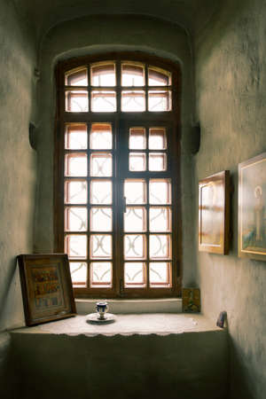 Pskov, Russia- June 6, 2016: Ancient Russian Orthodox Icons displayed in a monastery.のeditorial素材