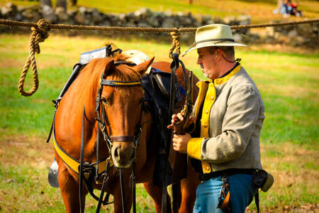 Coventry,RI,USA-October 28, 2017: Unknown local residents participating in a Civil War Era encampment and skirmish re-enactments.のeditorial素材