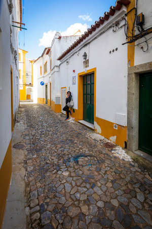 Street view of an ancient City of Evora in Portugalのeditorial素材