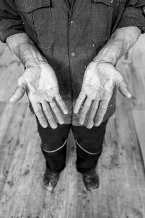 Human hands working on the production. Joiner, Cabinet-maker. 54 year oldの写真素材