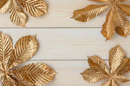 Gold leaf design elements around the edge of the frame. Frame of golden leaves of chestnut.の写真素材