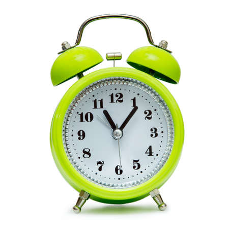 Green alarm clock in retro style on white background, isolate