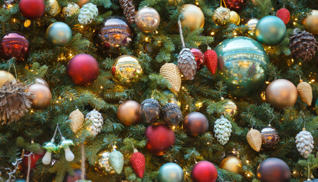 Christmas or New Year composition, Background of new year christmas tree decorationsの写真素材