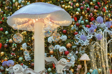 Christmas or New Year composition, Christmas decoration close-up on a background of lightsの写真素材