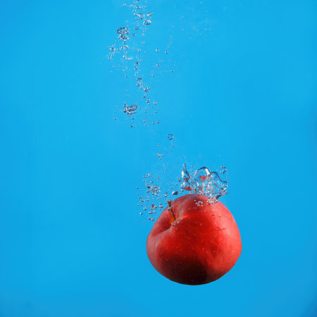 A fresh apple falls into the water with splash on a blueの写真素材