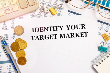 Desktop office desk, notebook, glasses, pen and documents with inscription Identify Your Target Marketの写真素材