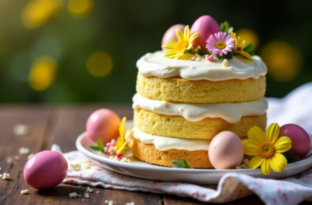 Easter cake with colorful eggs and flowers on a wooden table.の写真素材
