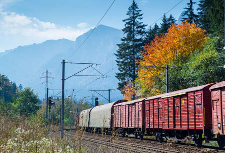 Cargo train with multiple wagons on railroad with autumn colors in the forest. Mountains and blue sky in the background.のeditorial素材