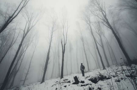 Man in winter landscape with snow and fogの写真素材