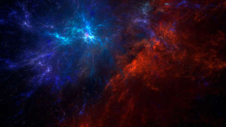 Abstract sci-fi space background illustration with red and blue nebula. Fantasy space illustration with colorful gas cloudsの写真素材