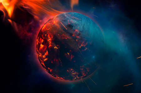 Planet explodin in space after meteorite impact. Planet hit by asteroid exploding. Dark space background apocalypseの写真素材
