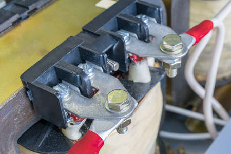 Voltage transformer installed in the electrical Cabinet. Its findings attached wires. Wire with red markings.の写真素材