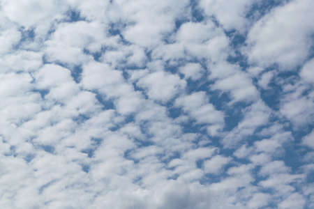 In the blue sky white Cumulus clouds arranged in a grid or pattern. The sun is shining and the clouds are shining. Summer day with the wind. Landscape, climate.の写真素材