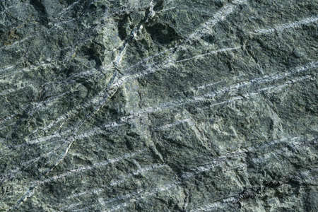 Surface grey granite stone with light lines and streaks. On granite, there are bumps and pits. The structure of granite stone in cross section.の写真素材