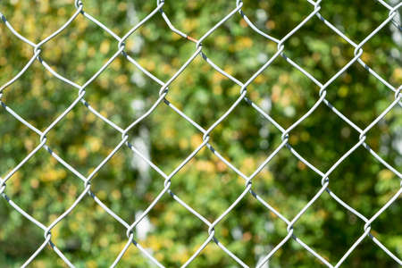 In the foreground grille mesh netting. In the background a blurry image of the leaves of trees. The fence prevents passage in a closed area or private property. The restriction of freedom of movement.の写真素材