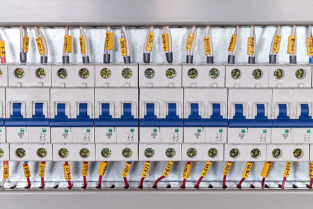 Range of electrical modular circuit breakers in electrical Cabinet. Neat and high-tech Assembly of...