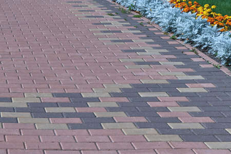 Paving pattern with rectangular shape and brown color. Along paved walkways planted flowerbed with beautiful orange and yellow flowers. In the background, lawn with green grass.の写真素材