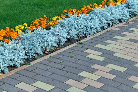 Paving pattern with rectangular shape and brown color. Along paved walkways planted flowerbed with beautiful orange and yellow flowers. In the background, lawn with green grass.の写真素材