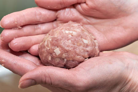 Raw round Patty of meat lies on the palms of women. Man sculpts cutlets of beef and pork. Home cooking or food. Shaping patties of raw ground beef. Healthy and good food. The cooking process.の写真素材