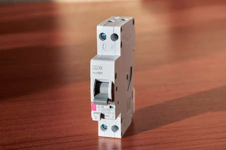 Compact narrow two-pole differential current circuit breaker for household use for home and industrial production and application. A device to protect human life from touching bare electrical wires.の写真素材