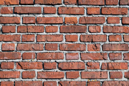 The surface of the brick wall of the old red brick building goes up. The wall is illuminated by bright sunlight. Brickwork from a large number of layers. The seams of the cement solution.の写真素材
