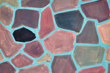 The surface of the wall is painted with paint in the form of a mosaic of colorful irregular polygons. Polygons of different shapes and sizes, large and small. Background or backdrop.の写真素材