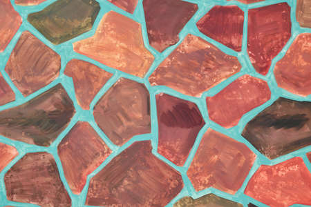 The surface of the wall is painted with paint in the form of a mosaic of colorful irregular polygons. Polygons of different shapes and sizes, large and small. Background or backdrop.の写真素材