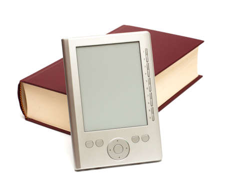 paper book and electronic book on white backgroundの写真素材