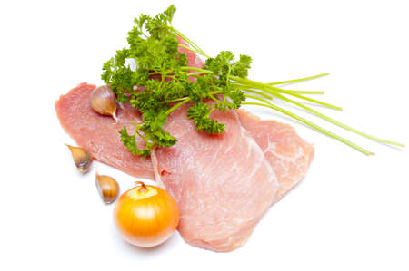 Several pieces of meat with onion isolated on whiteの写真素材