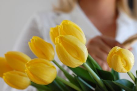 Woman holding a wicker basket full of vibrant yellow tulipsの写真素材