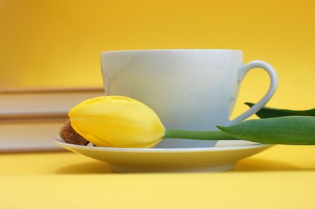 Yellow tulip and a cup of tea with two books in the backgroundの写真素材