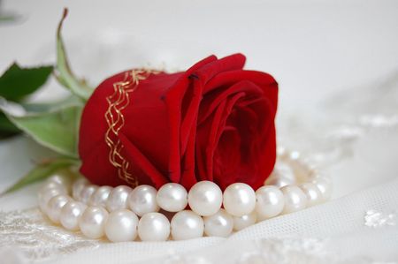 Red rose, lace and pearl necklaceの写真素材