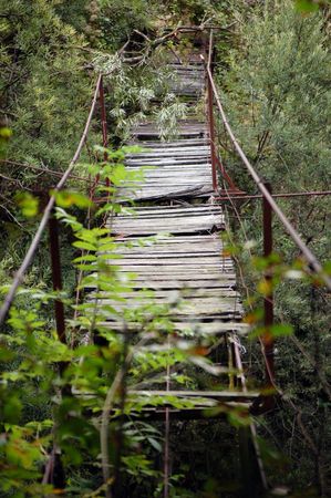 Broken wooden footbridge in the forest over the So&#269;a river, Sloveniaの写真素材