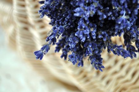 Lavender bouquet in a basket closeupの写真素材