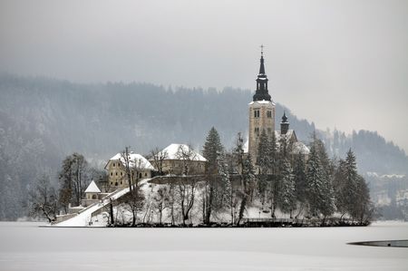 Winter magic at the Bled islandの写真素材