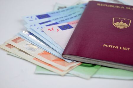 Euro banknotes and Slovene passportの写真素材