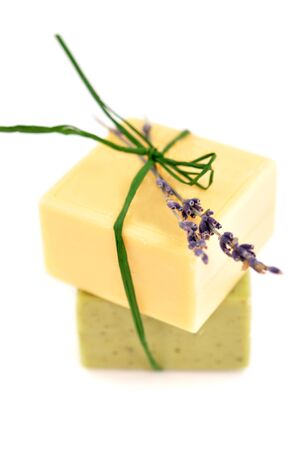 Two bars of natural soap, isolated on whiteの写真素材