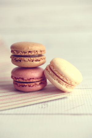 Colorful macaroons on napkinの写真素材