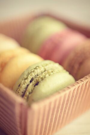 Colorful macaroons in a box closeupの写真素材