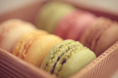 Colorful macaroons in a box closeupの写真素材
