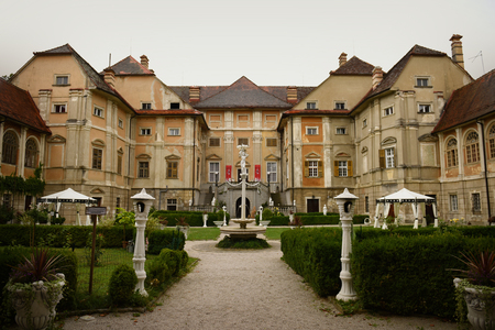 European mansions backyard park with fountain. Statenberg, Sloveniaの写真素材