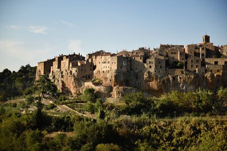 Scenic view of Pitigliano town in the province of Grosseto with old buildings located on nature, Italyの写真素材