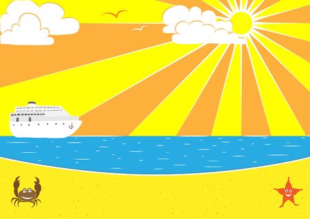 Sandy beach summer background vector illustration with sun light, boat and crabのイラスト素材