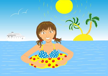 Vacation of swiming  girl in summer blue seaのイラスト素材