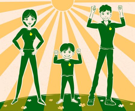 Family doing setting-up exercises. On clothing emblem of helthy eating apple.のイラスト素材