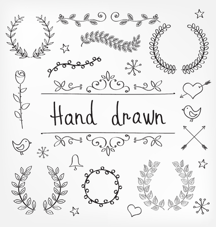 Hand Drawn of Laurel Wreaths and Ornament Decorationsのイラスト素材
